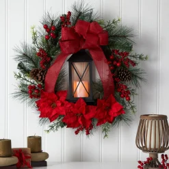 Poinsettia And Berry Artificial Christmas Wreath With Lantern, 28-Inch