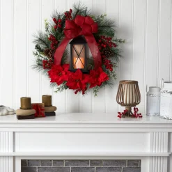 Poinsettia And Berry Artificial Christmas Wreath With Lantern, 28-Inch