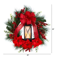Poinsettia And Berry Artificial Christmas Wreath With Lantern, 28-Inch