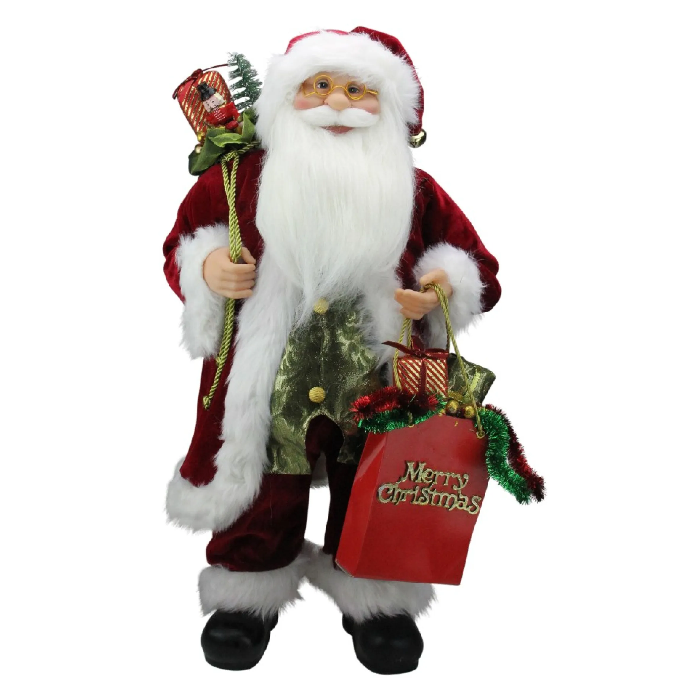 24" Poinsettia Santa Claus With Gift Bag Christmas Figure