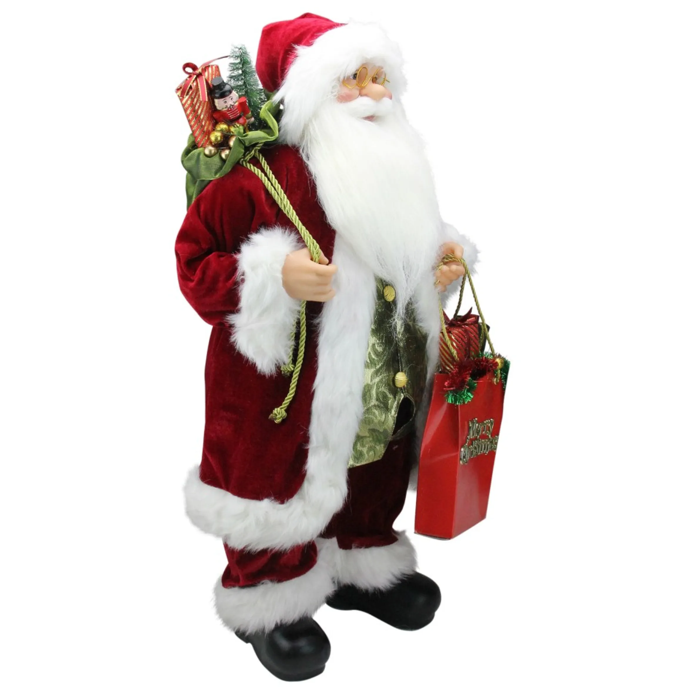 24" Poinsettia Santa Claus With Gift Bag Christmas Figure
