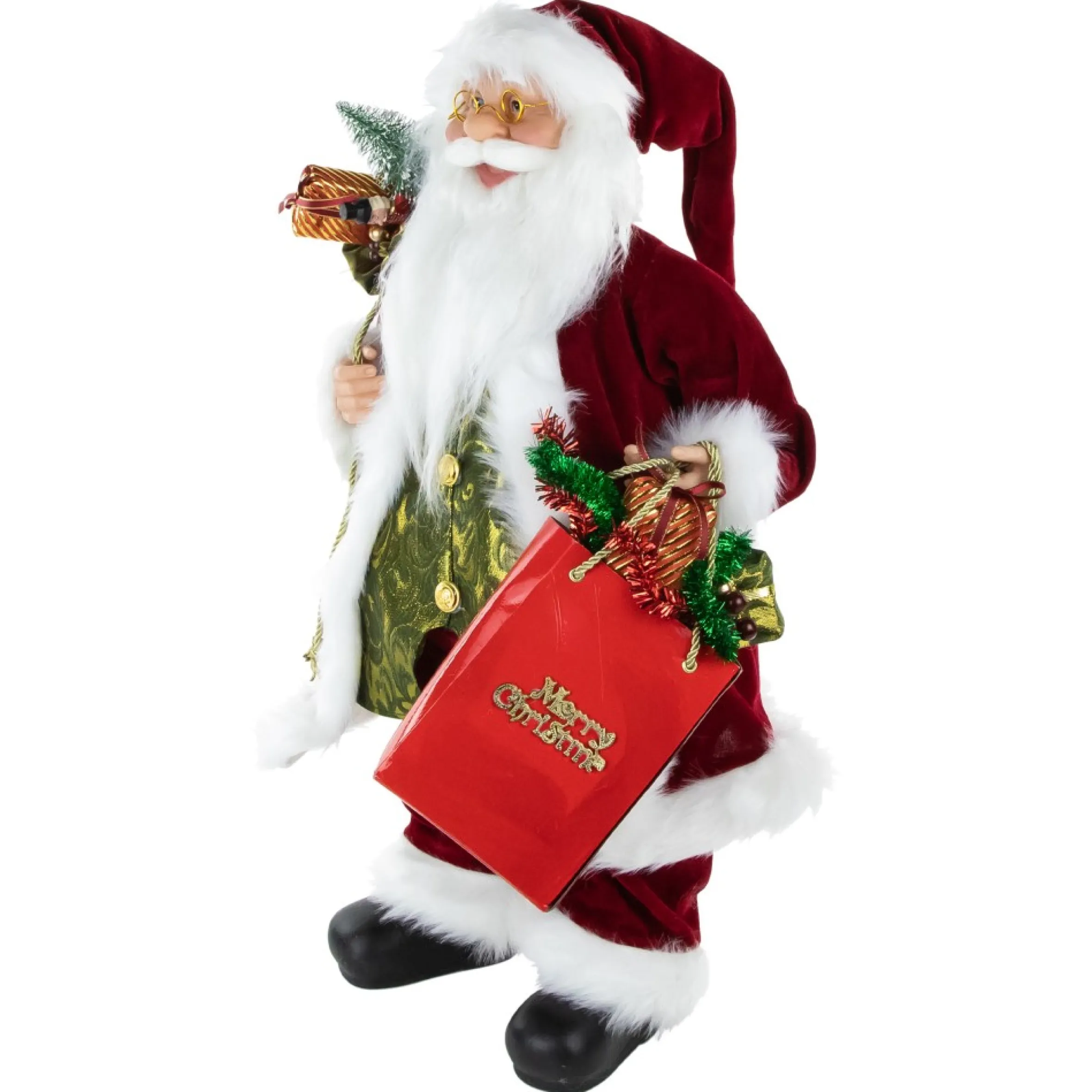 24" Poinsettia Santa Claus With Gift Bag Christmas Figure