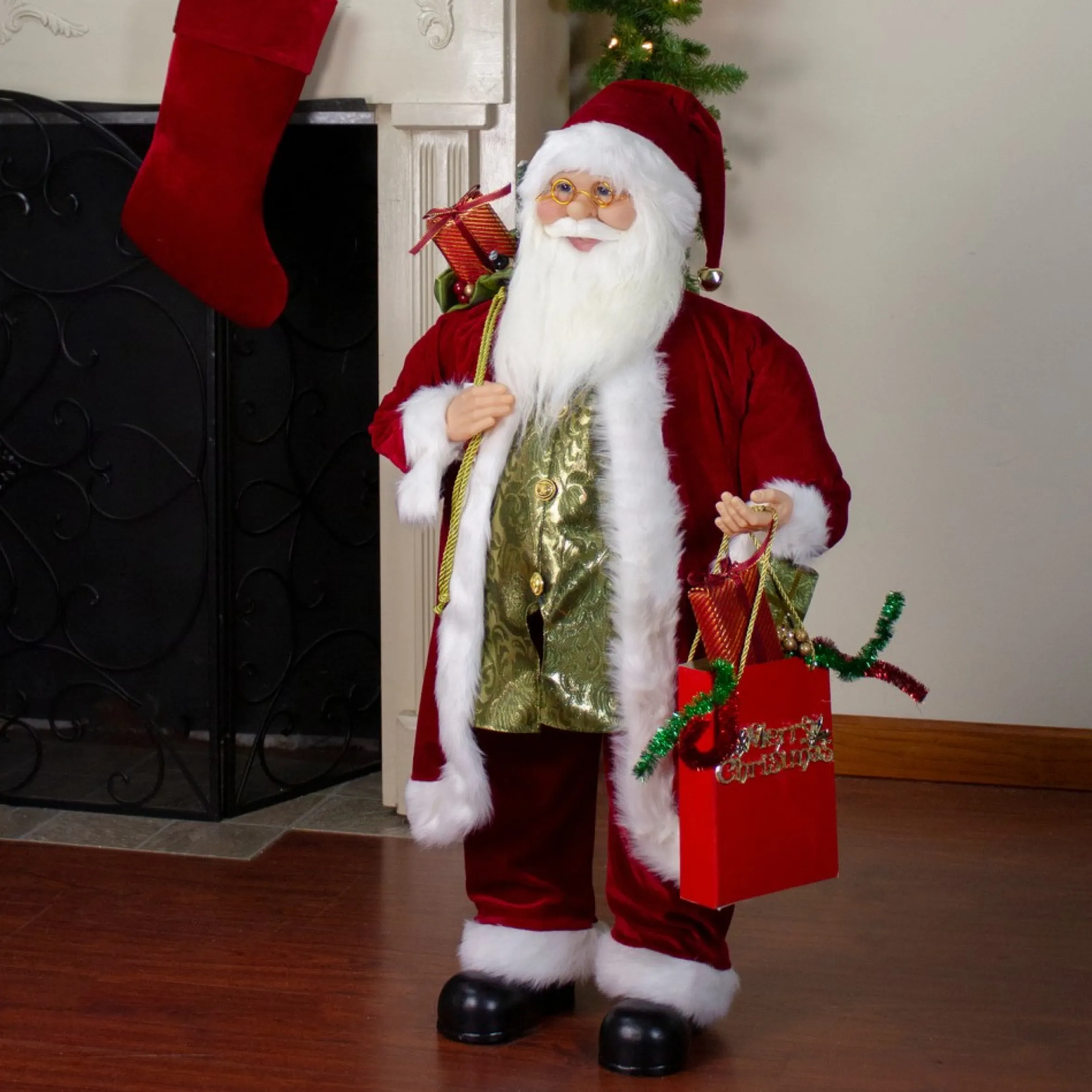 24" Poinsettia Santa Claus With Gift Bag Christmas Figure