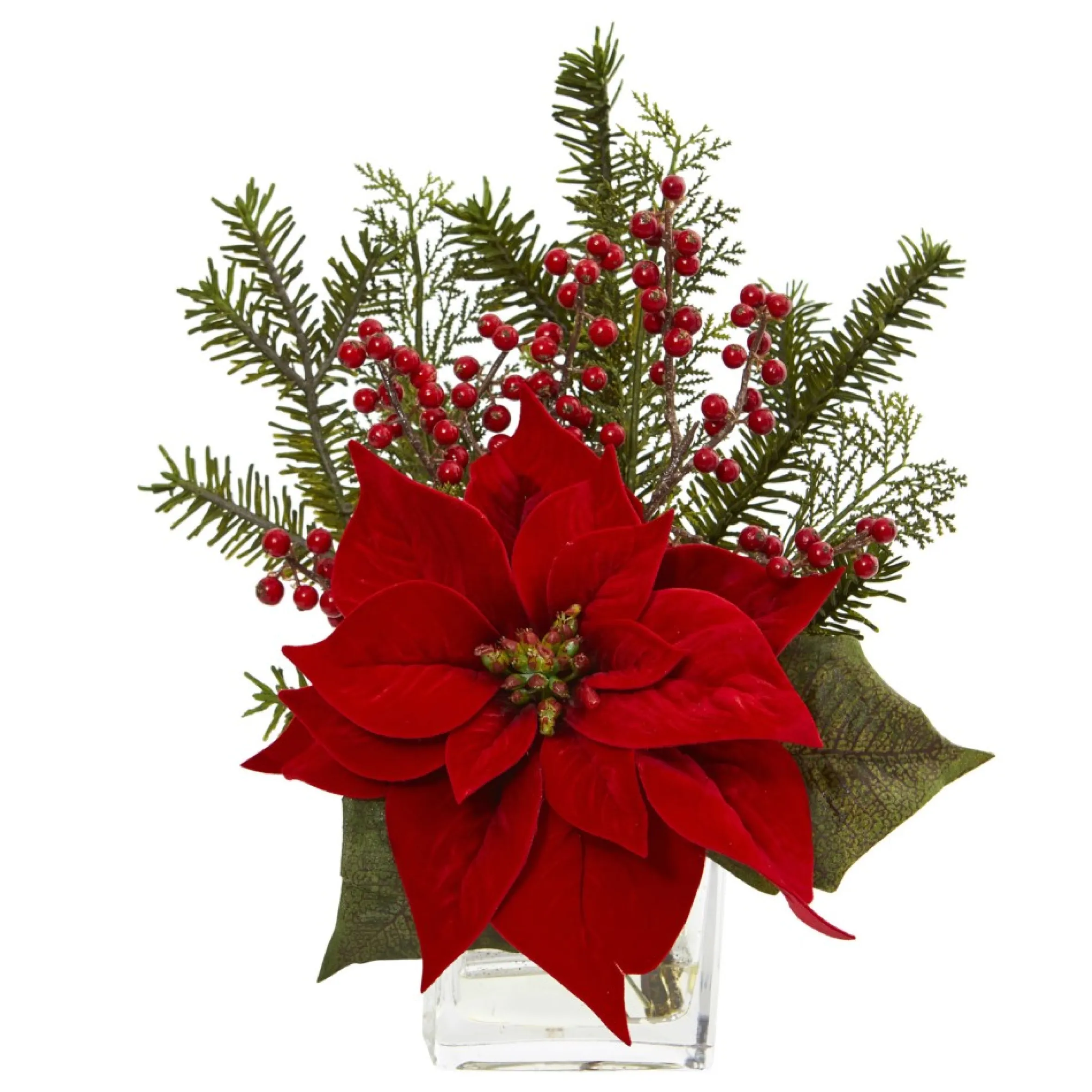 15" Poinsettia With Pine And Berries Christmas Artificial Arrangement In Vase