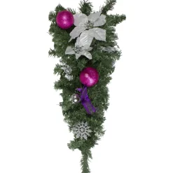 24" Pre-Decorated Pink Ball Ornament And Poinsettia Artificial Christmas Teardrop Swag, Unlit