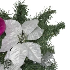 24" Pre-Decorated Pink Ball Ornament And Poinsettia Artificial Christmas Teardrop Swag, Unlit