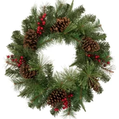 24" Pre-Lit Artificial Mixed Pine And Berries Christmas Wreath