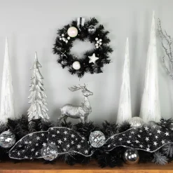 16" Pre-Lit Decorated Black Pine Artificial Christmas Wreath, Cool White Led Lights