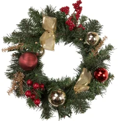 Pre-Lit Decorated Burgundy And Gold Pine Artificial Christmas Wreath, 16-Inch, Warm White Led
