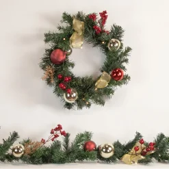 Pre-Lit Decorated Burgundy And Gold Pine Artificial Christmas Wreath, 16-Inch, Warm White Led
