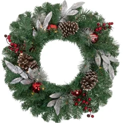 24" Pre-Lit Decorated Frosted Pine Cone And Berries Artificial Christmas Wreath