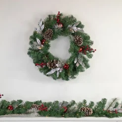 24" Pre-Lit Decorated Frosted Pine Cone And Berries Artificial Christmas Wreath