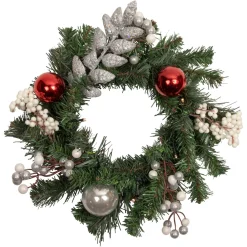 16" Pre-Lit Decorated Green Pine Artificial Christmas Wreath, Warm White Led Lights
