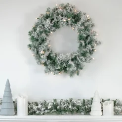 Pre-Lit Flocked Victoria Pine Artificial Christmas Wreath - 24-Inch, Clear Lights