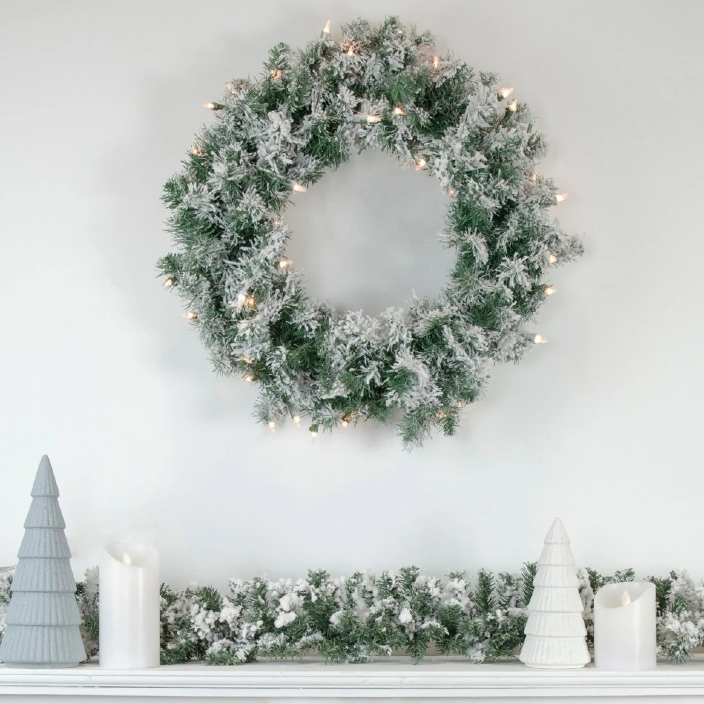Pre-Lit Flocked Victoria Pine Artificial Christmas Wreath - 24-Inch, Clear Lights
