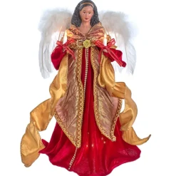 16" Pre-Lit Red And Gold African American Angel Christmas Tree Topper
