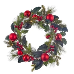 Pre-Lit Red Berries And Ball Artificial Christmas Wreath, 18.5-Inch, Warm White Lights