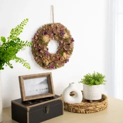 12" Purple And Beige Wooden Floral Spring Wreath With Preserved Artichoke