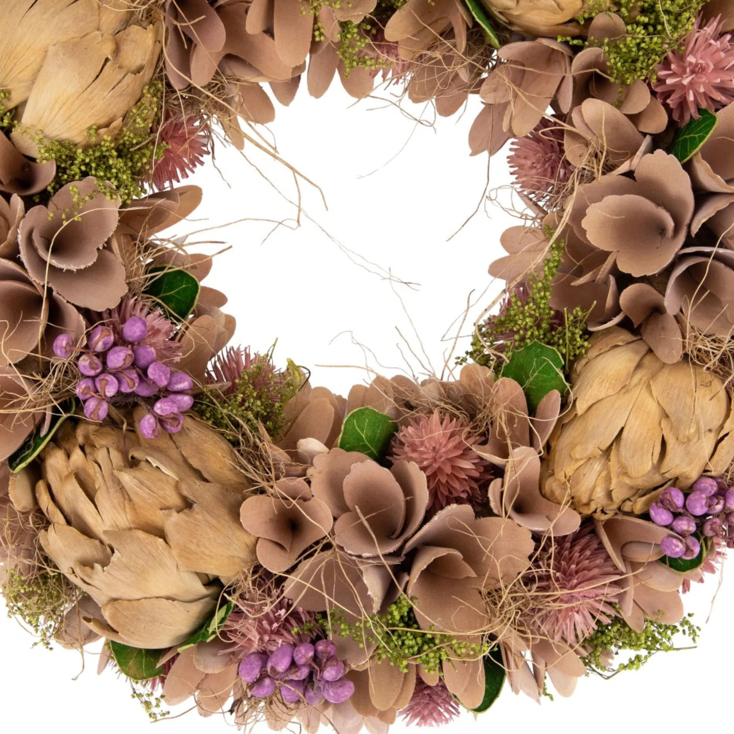 12" Purple And Beige Wooden Floral Spring Wreath With Preserved Artichoke