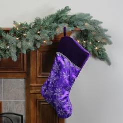 20" Purple And Silver Glittered Floral Christmas Stocking With Shadow Velveteen Cuff