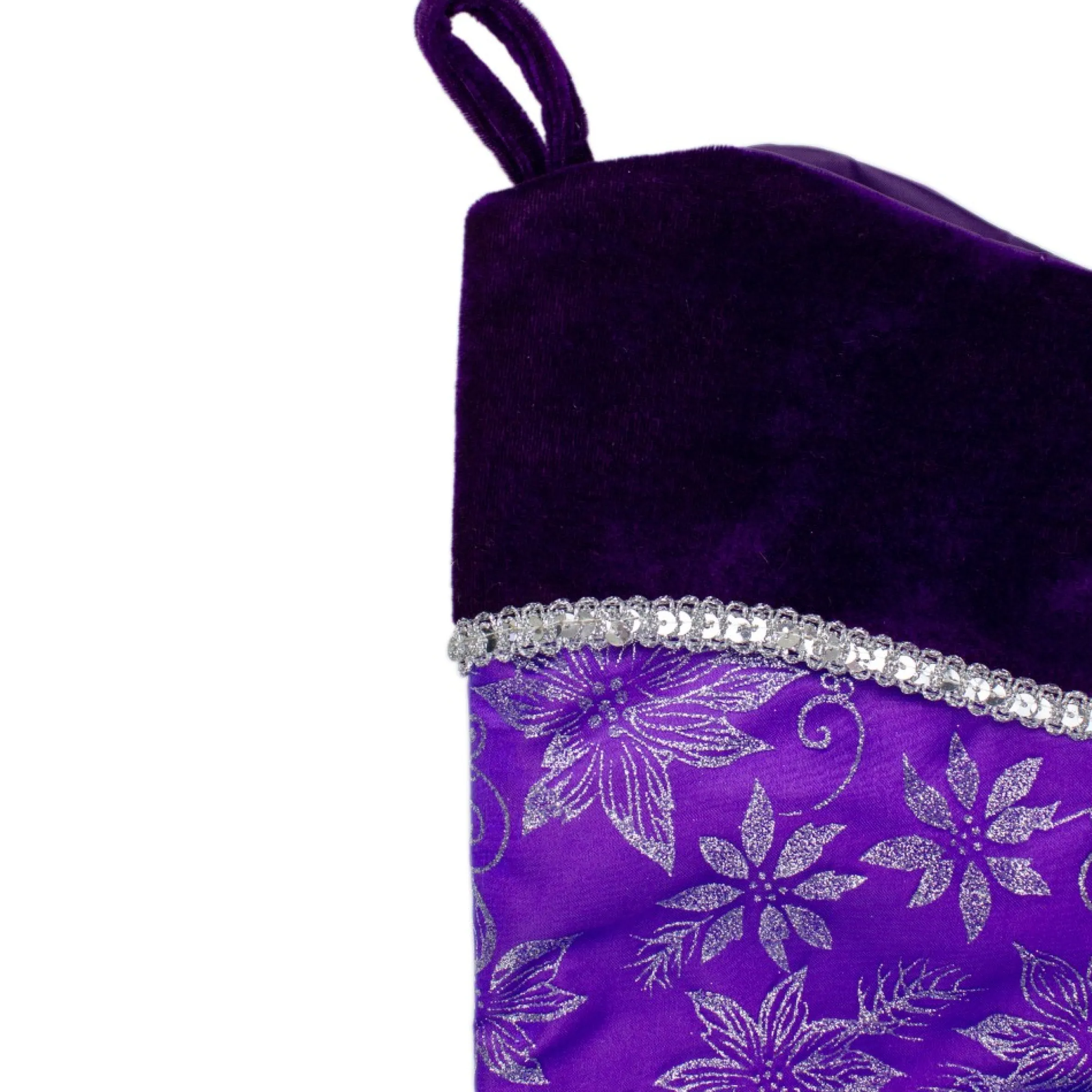 20" Purple And Silver Glittered Floral Christmas Stocking With Shadow Velveteen Cuff