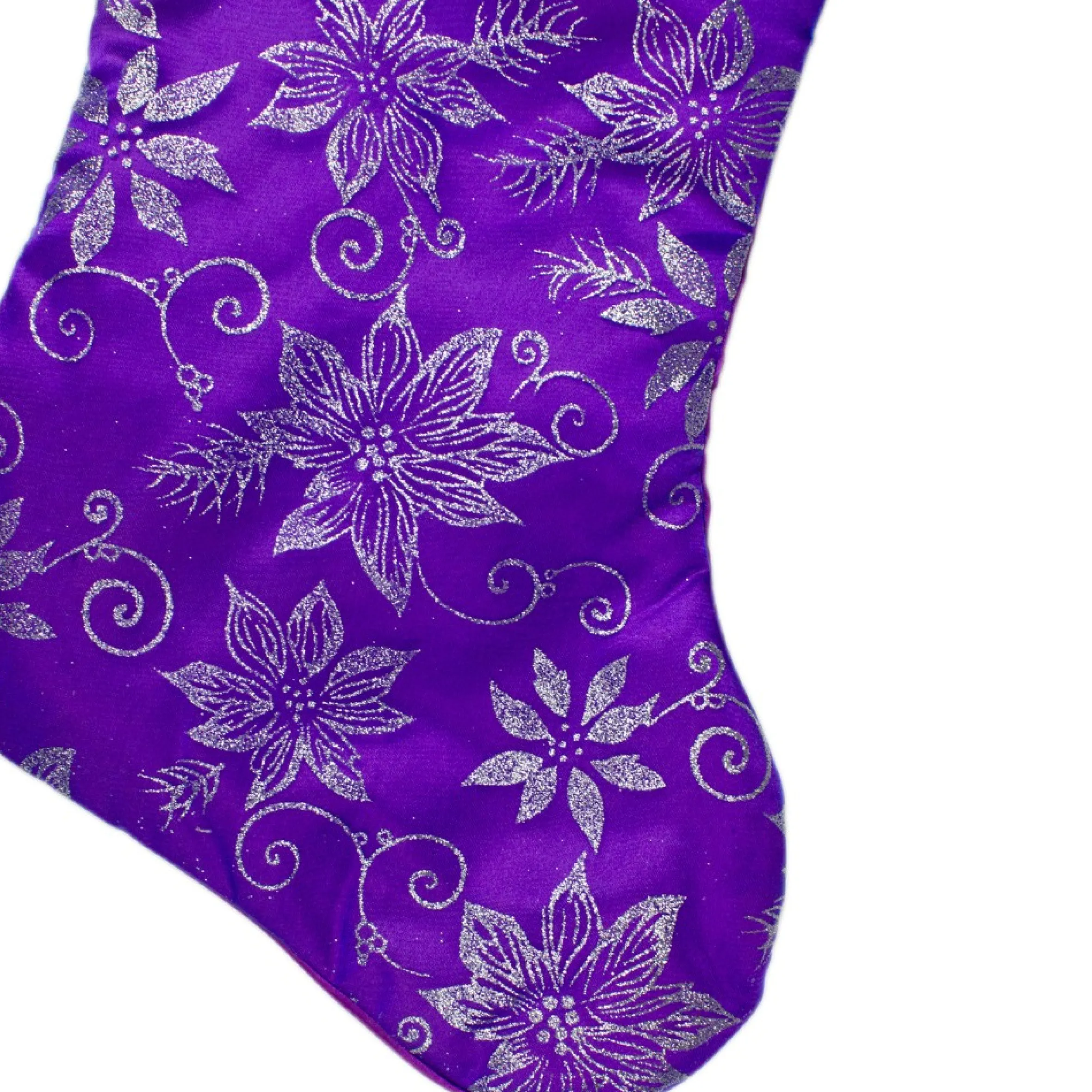 20" Purple And Silver Glittered Floral Christmas Stocking With Shadow Velveteen Cuff