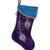 19" Purple Velvet Regal Peacock Embroidered Feather Christmas Stocking With Gold Tassel