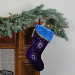 19" Purple Velvet Regal Peacock Embroidered Feather Christmas Stocking With Gold Tassel