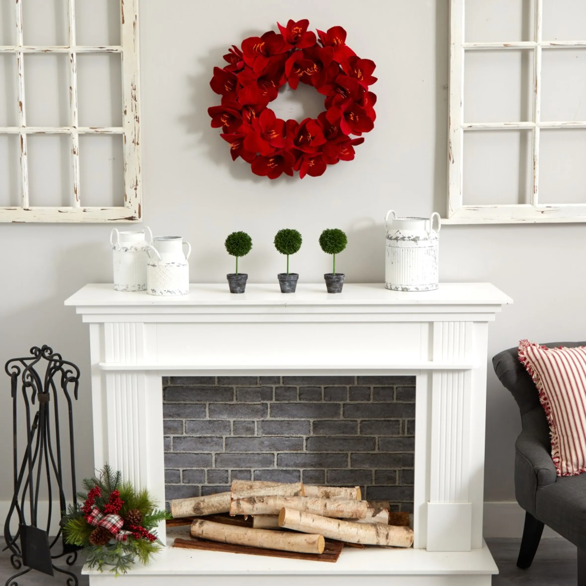 Red Amaryllis Artificial Floral Christmas Wreath, 22-Inch, Unlit