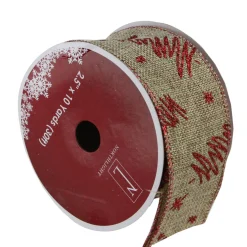 Red And Beige Christmas Tree Wired Craft Ribbon 2.5" X 10 Yards