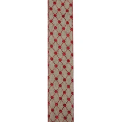 Red And Beige Diamond Wired Christmas Craft Ribbon 2.5" X 10 Yards
