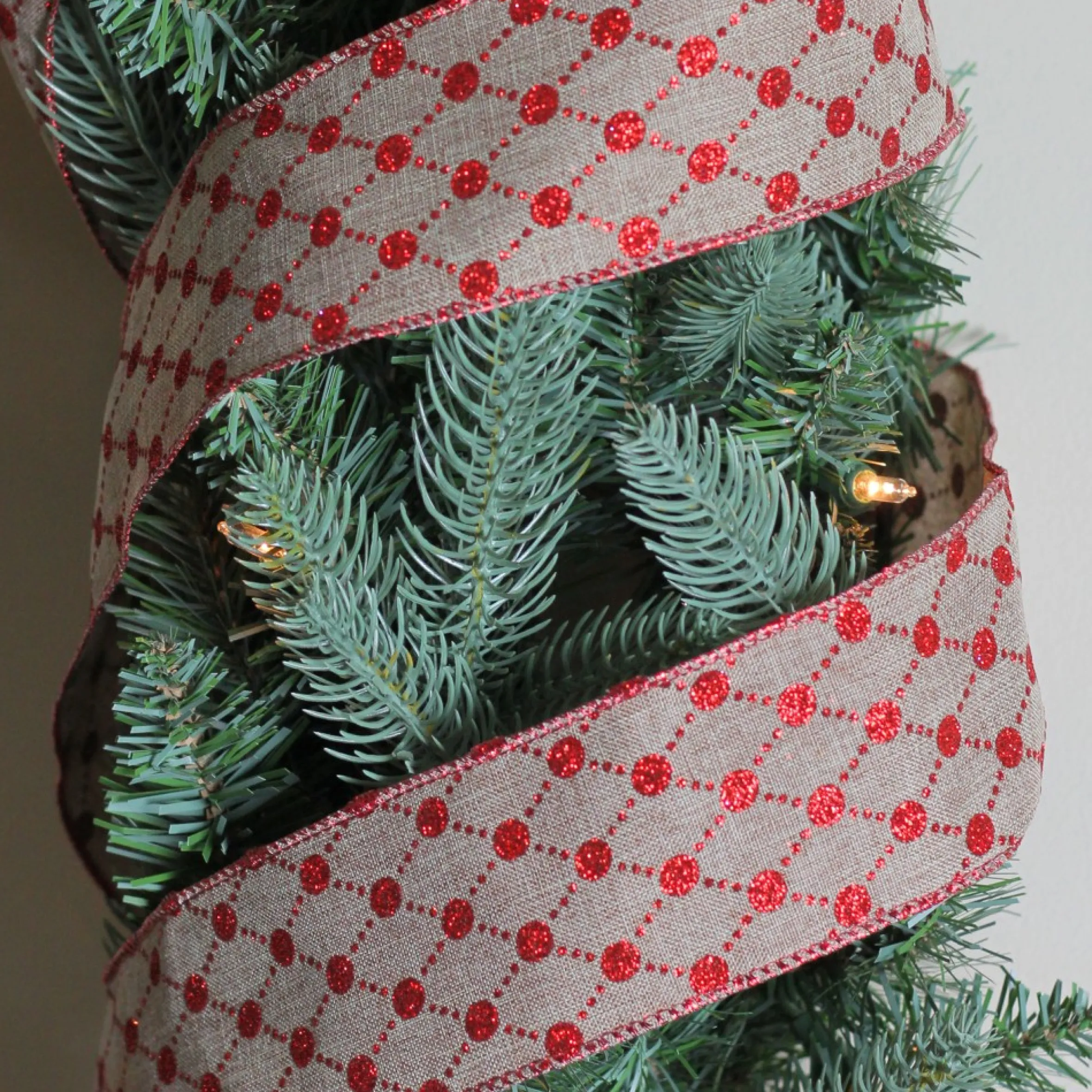 Red And Beige Diamond Wired Christmas Craft Ribbon 2.5" X 10 Yards