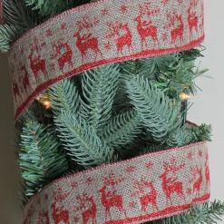 Red And Beige Reindeer Burlap Wired Christmas Craft Ribbon 2.5