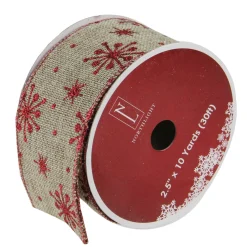 Red And Beige Snowflake Wired Christmas Craft Ribbon 2.5" X 10 Yards