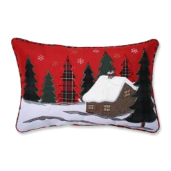 18.5" Red And Black Plaid Christmas Trees With Cabin Rectangular Throw Pillow