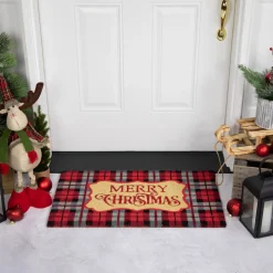 Red And Black Plaid "Merry Christmas" Rectangular Doormat 18" X 30"