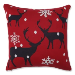 18" Red And Black Reindeer In Snow Christmas Square Throw Pillow