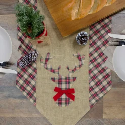 36" Red And Brown Burlap And Plaid Reindeer Christmas Table Runner