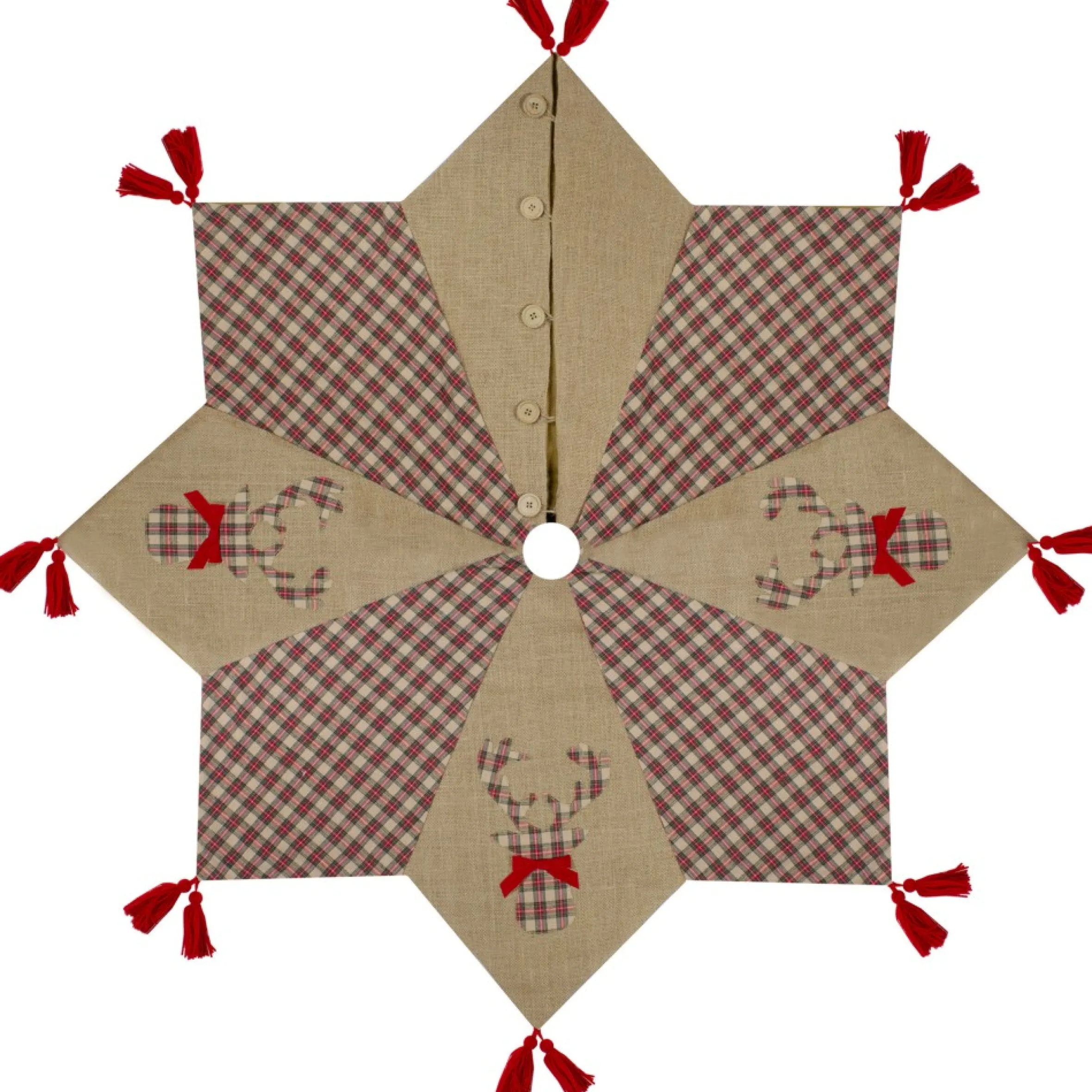 48" Red And Brown Burlap And Plaid Reindeer Christmas Tree Skirt With Tassels