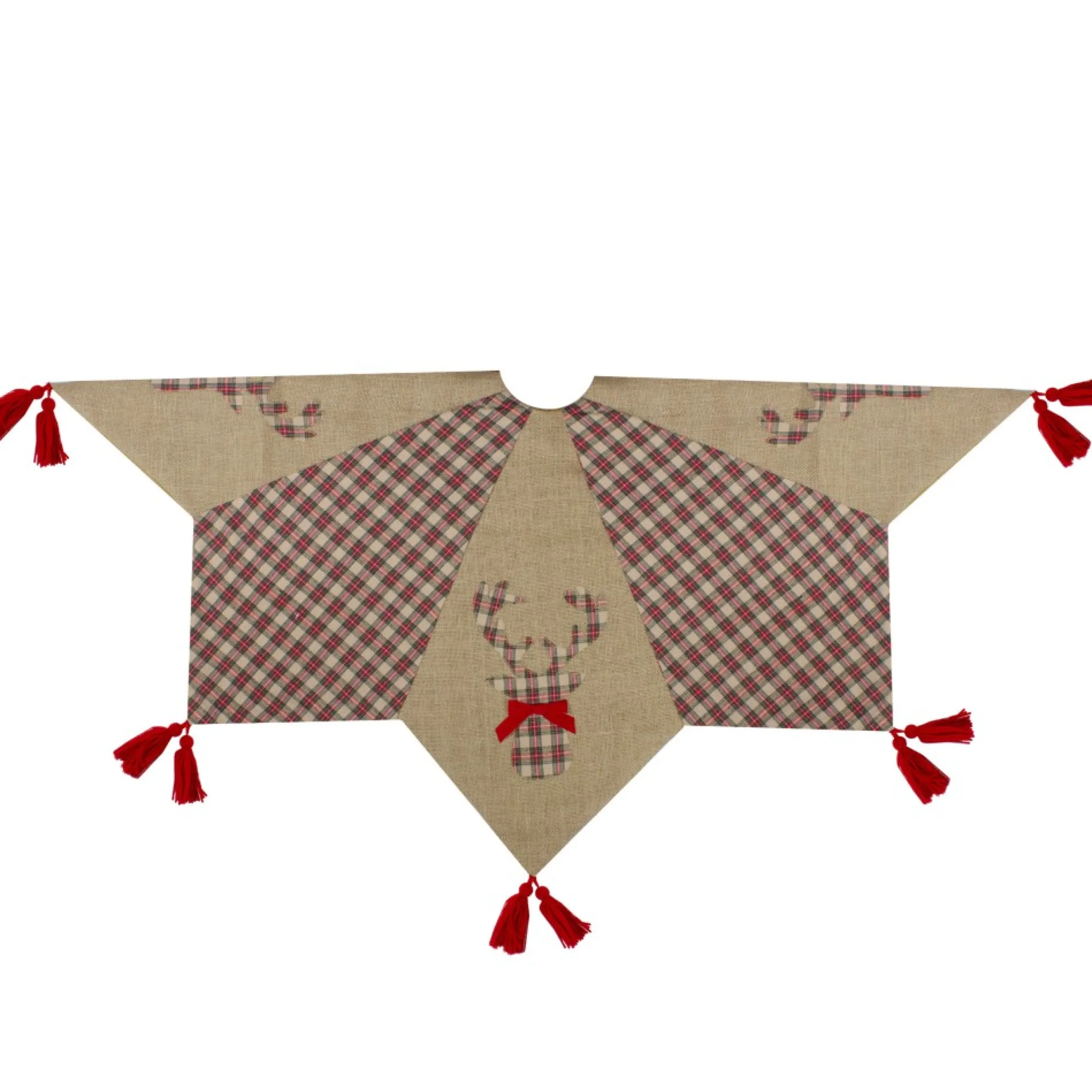 48" Red And Brown Burlap And Plaid Reindeer Christmas Tree Skirt With Tassels