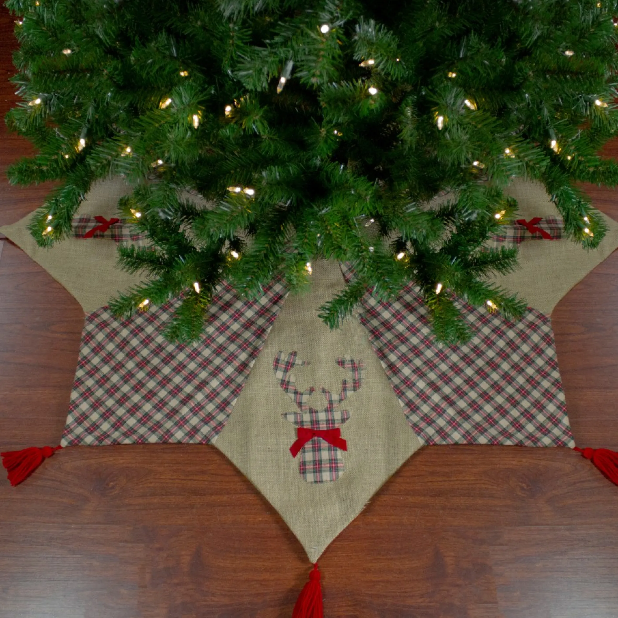 48" Red And Brown Burlap And Plaid Reindeer Christmas Tree Skirt With Tassels