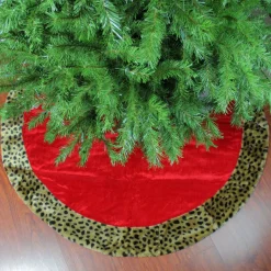 48" Red And Brown Velveteen With Cheetah Print Border Christmas Tree Skirt