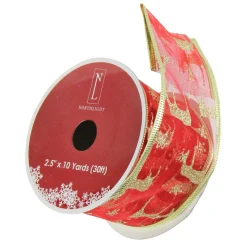 Red And Gold Glittering Reindeer Wired Christmas Craft Ribbon 2.5