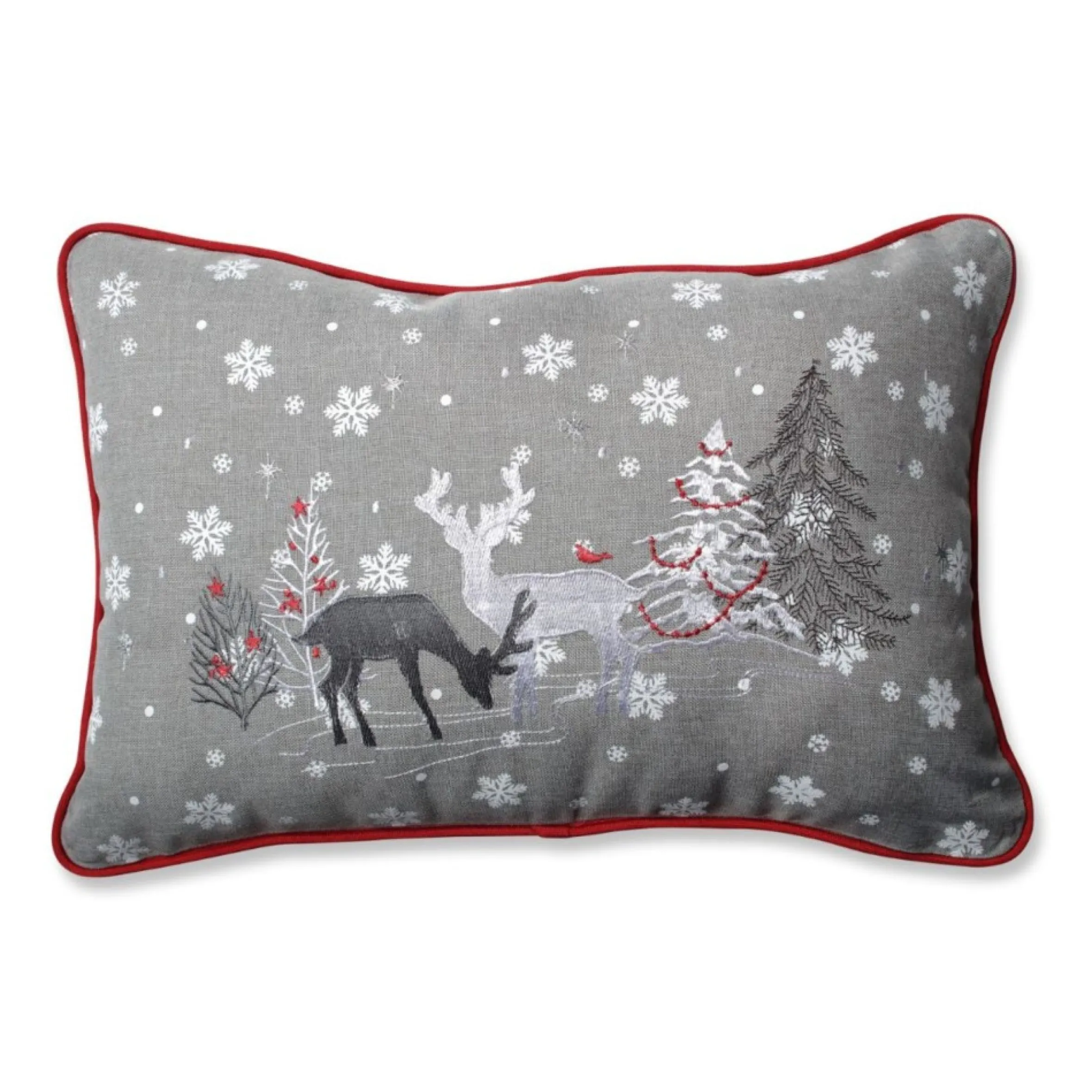 18.5" Red And Gray Embroidered Reindeer Christmas Rectangular Throw Pillow
