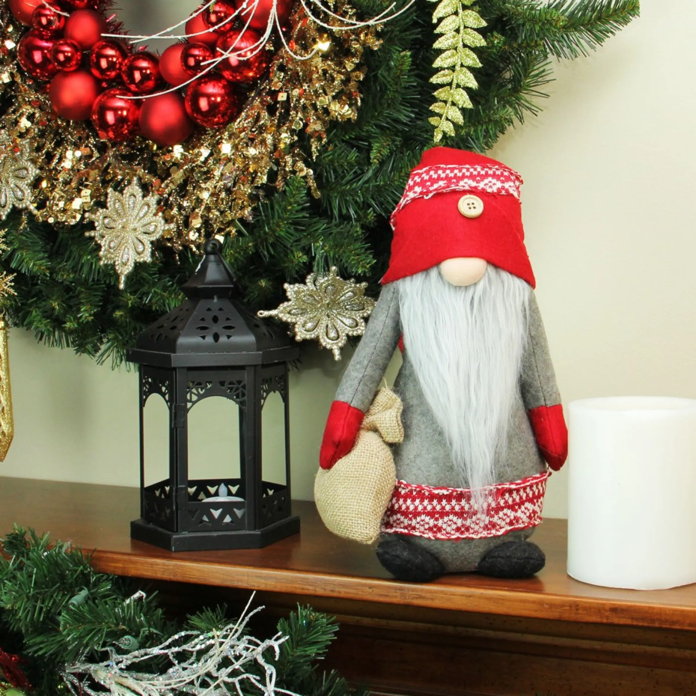 25" Red And Gray Nordic Gnome With Burlap Sack Christmas Figure