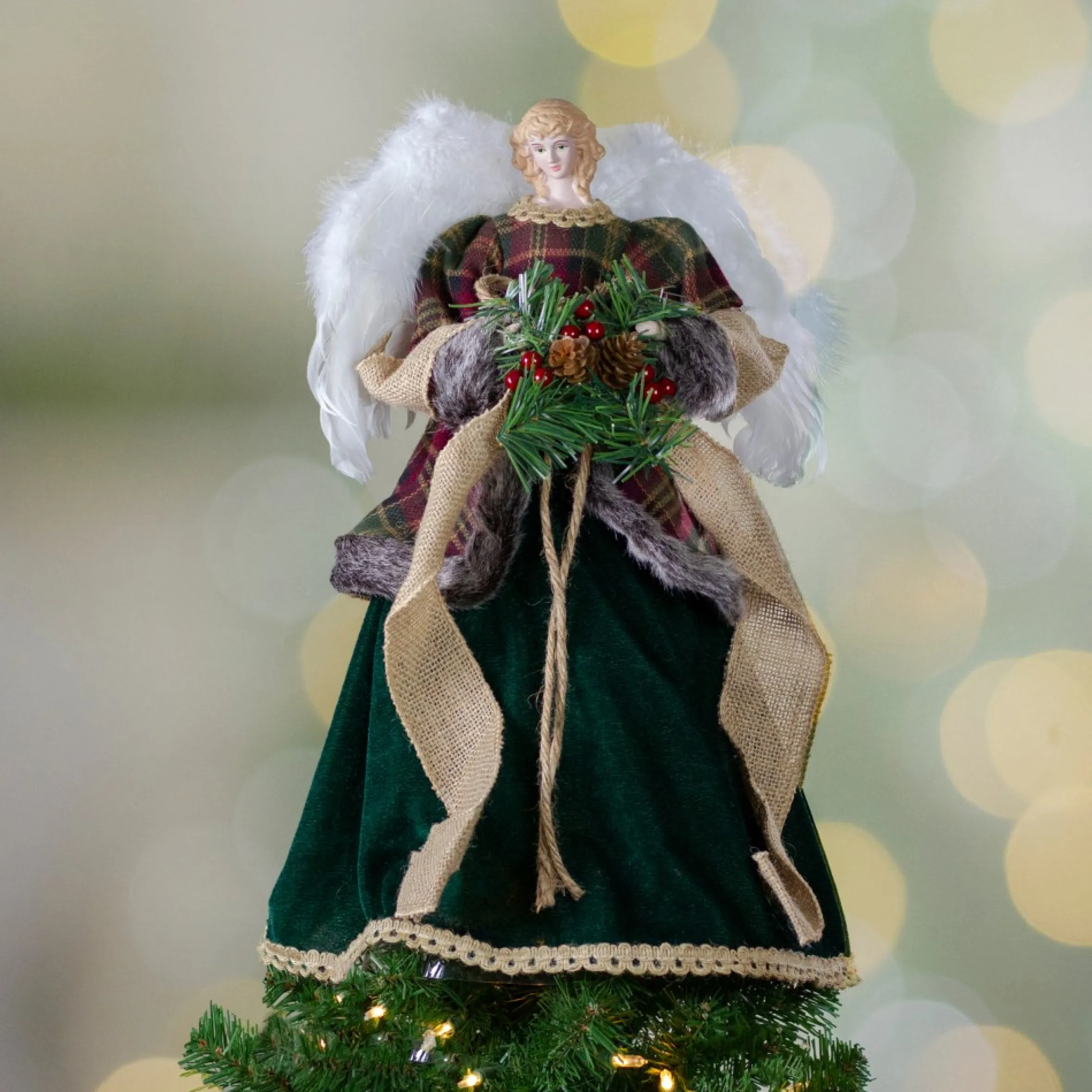 18" Red And Green Angel In A Dress Christmas Tree Topper Accented With Holly Berries - Unlit