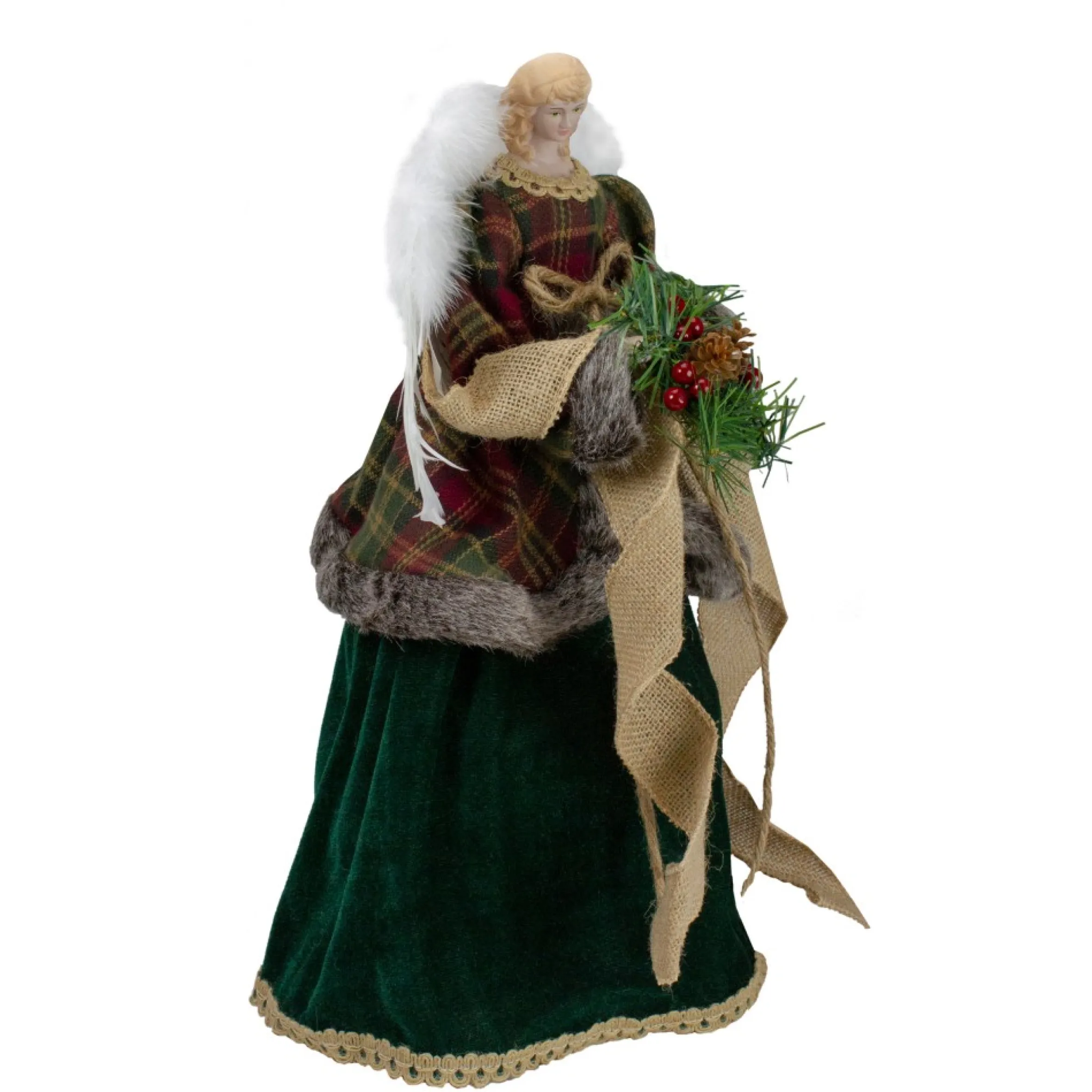 18" Red And Green Angel In A Dress Christmas Tree Topper Accented With Holly Berries - Unlit