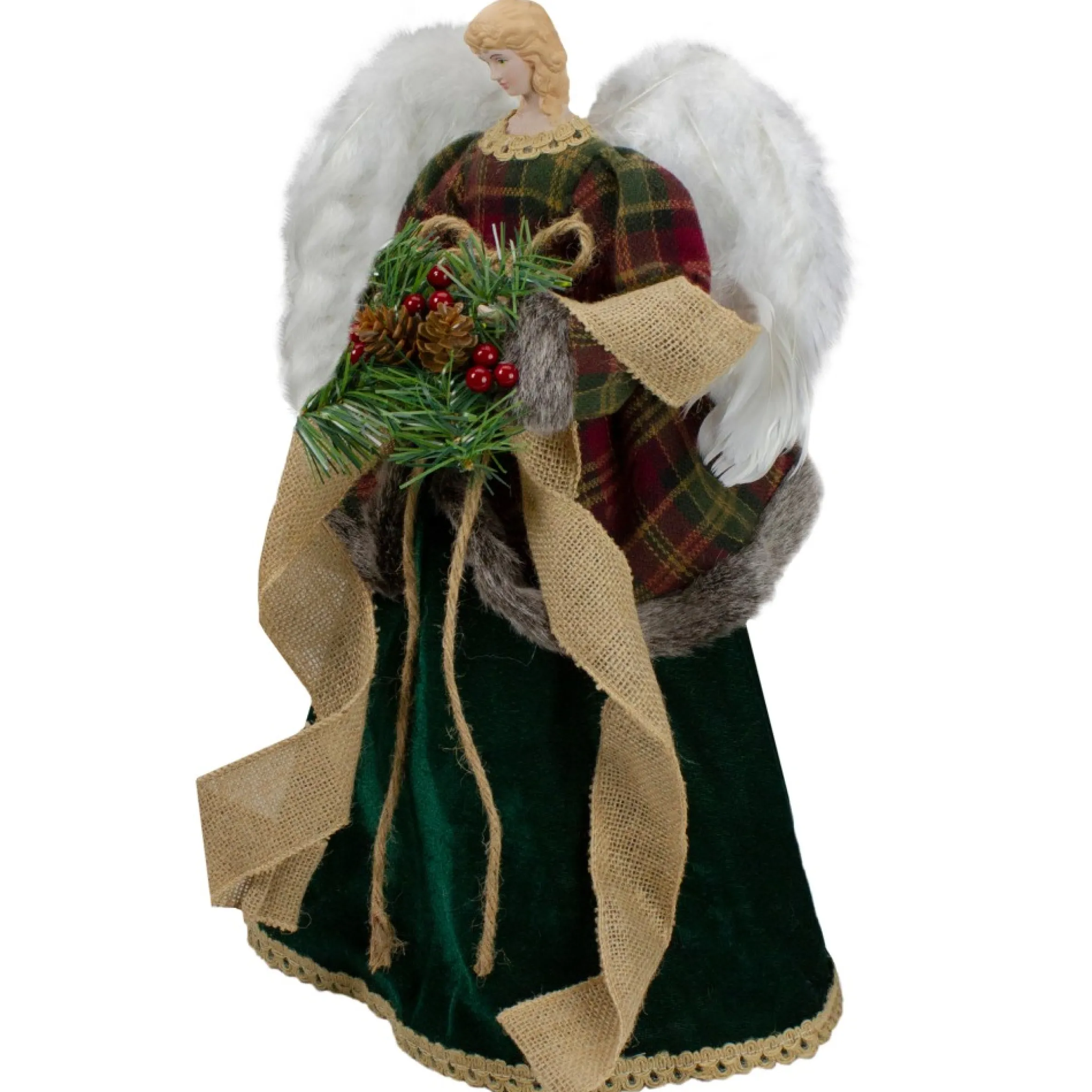 18" Red And Green Angel In A Dress Christmas Tree Topper Accented With Holly Berries - Unlit