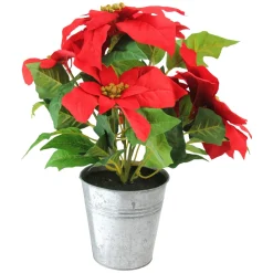 15.5" Red And Green Artificial Poinsettia Christmas Flower Arrangement In Silver Pot