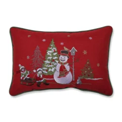 18.5" Red And Green Embroidered Christmas Frosty Scene With Children Rectangular Throw Pillow
